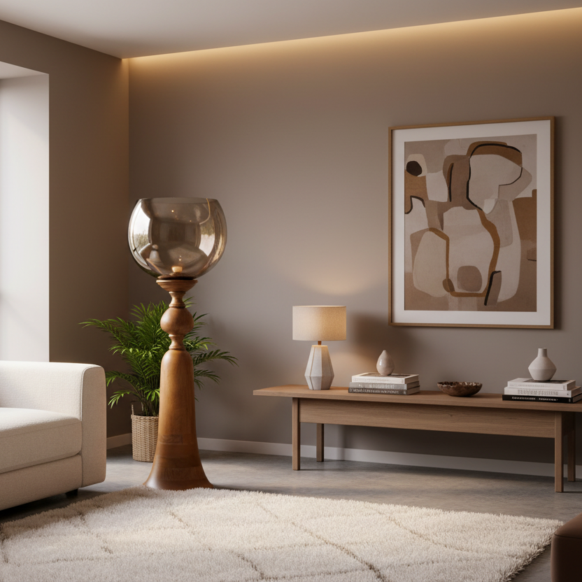 Modern living room with beige sofa, decorative lamp, and abstract art on wall.