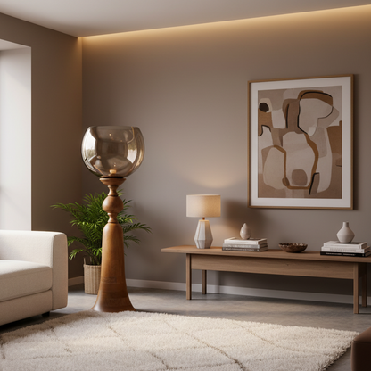 Modern living room with beige sofa, decorative lamp, and abstract art on wall.