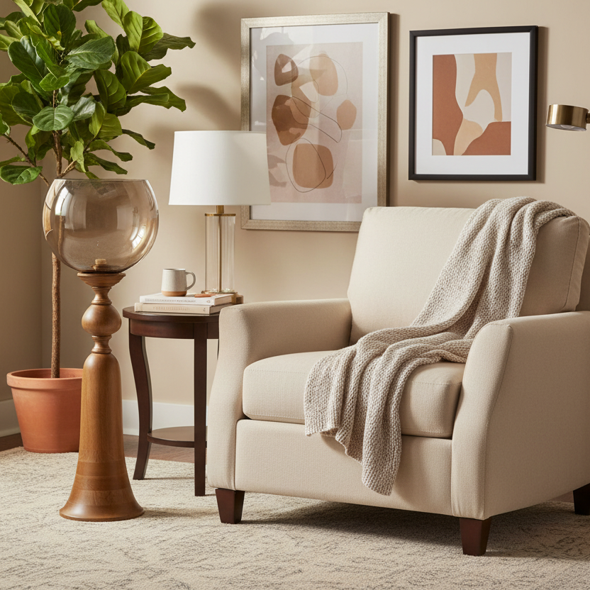 Beige armchair with a blanket in a living room setting with decor elements.
