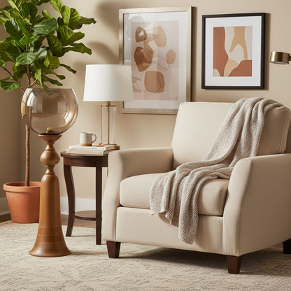 Beige armchair with a blanket in a living room setting with decor elements.