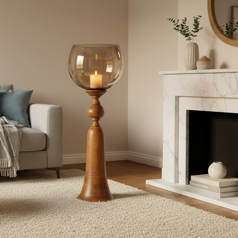 Living room with a gray sofa, wooden coffee table, and decorative floor lamp.