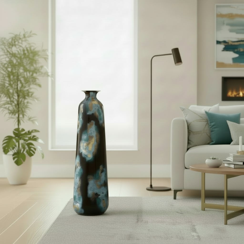 Two decorative vases with a blue and black abstract pattern on a white background