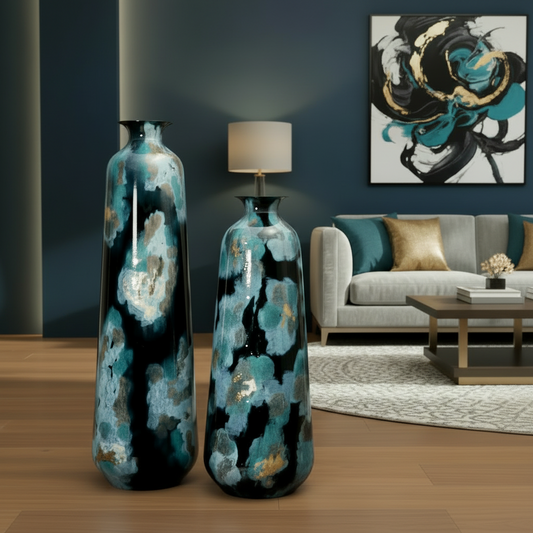 Celestial Bloom: Modern Abstract Torpedo Floor Vase with Gold Leaf Accents