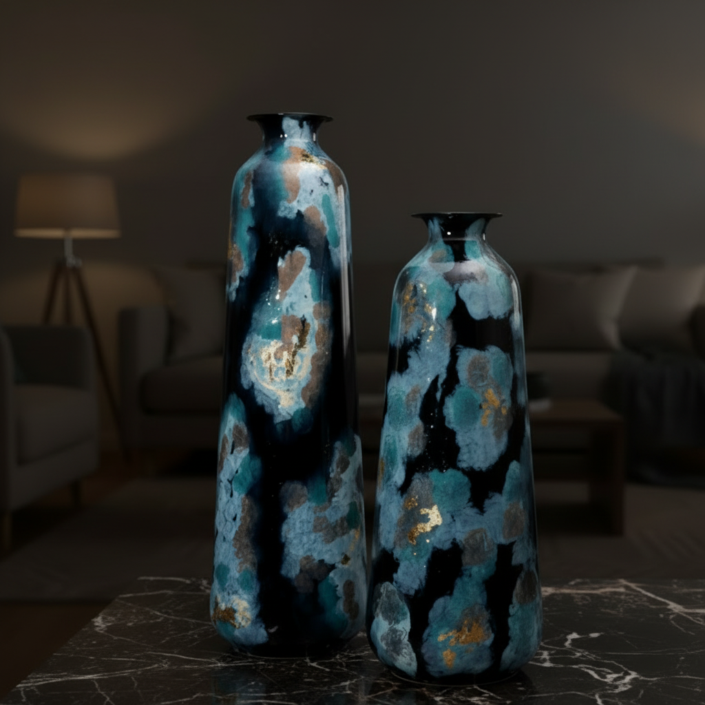 Celestial Bloom: Modern Abstract Torpedo Floor Vase with Gold Leaf Accents