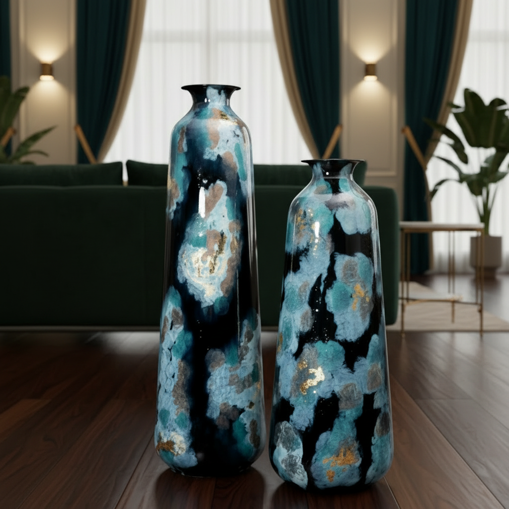 Celestial Bloom: Modern Abstract Torpedo Floor Vase with Gold Leaf Accents