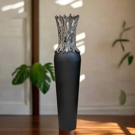 Gnarled Majesty: Luxury Modern Torpedo Floor Vase with Textured Metallic Crown (Medium)