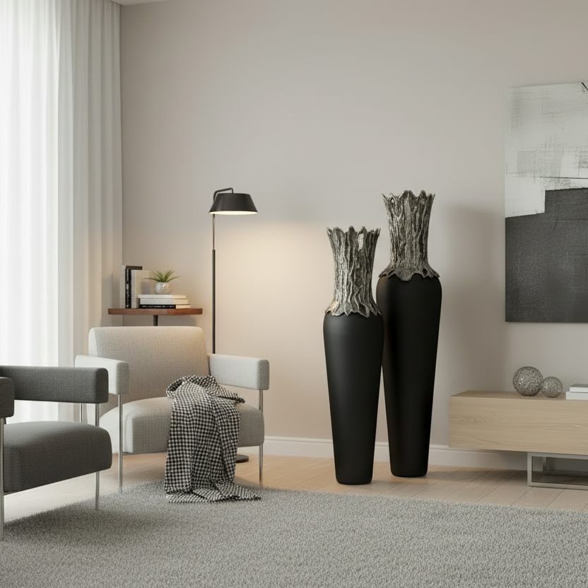 Modern living room with gray sofa, black floor lamps, and decorative vases.
