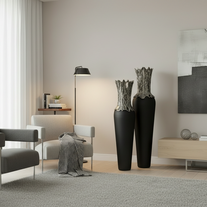 Modern living room with gray sofa, black floor lamps, and decorative vases.