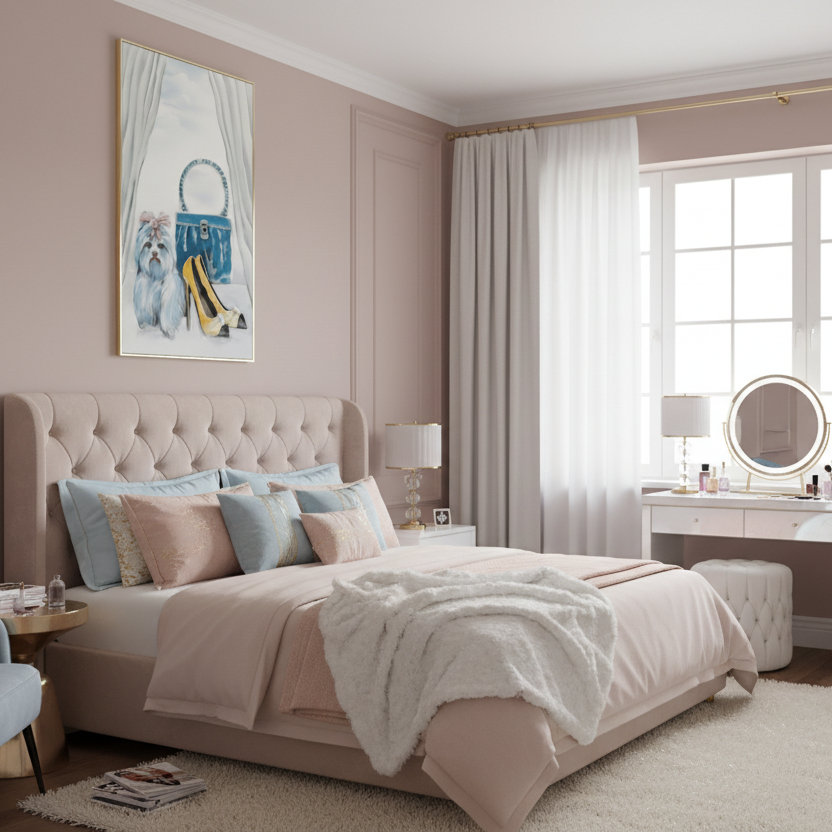 Neatly arranged bedroom with a bed, desk, and decor.