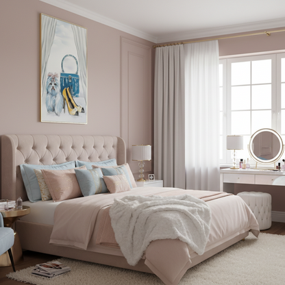 Neatly arranged bedroom with a bed, desk, and decor.