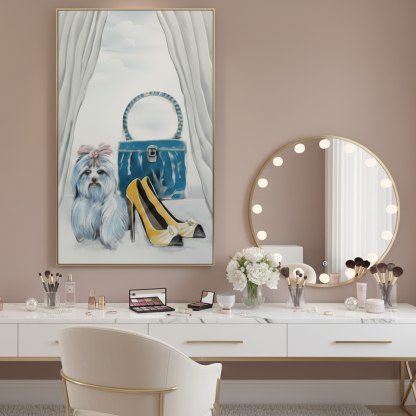 Makeup vanity with mirror, products, and decorative items against a beige wall.