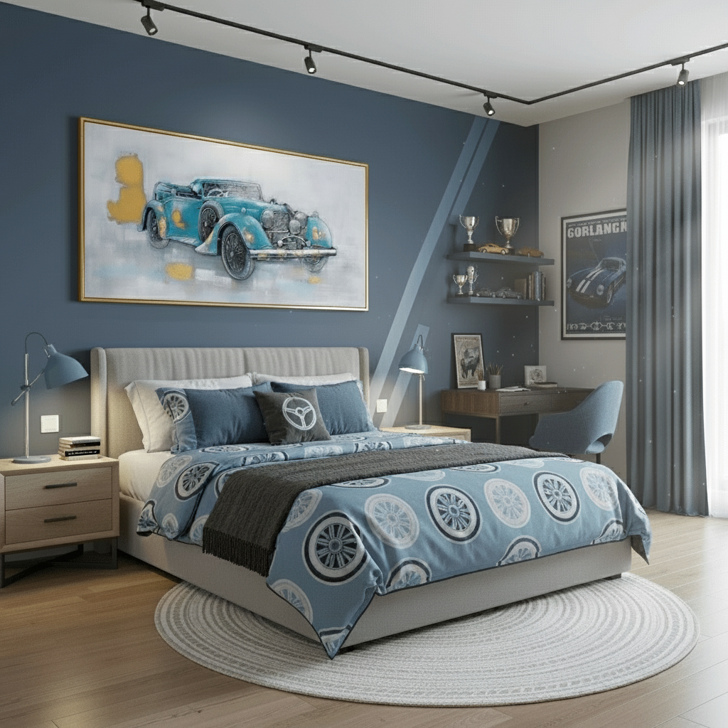 Modern bedroom with blue and gray theme, featuring a bed with circular patterned bedding.