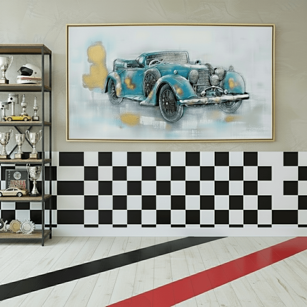 Framed artwork of a vintage car with a yellow dog on a white wall.