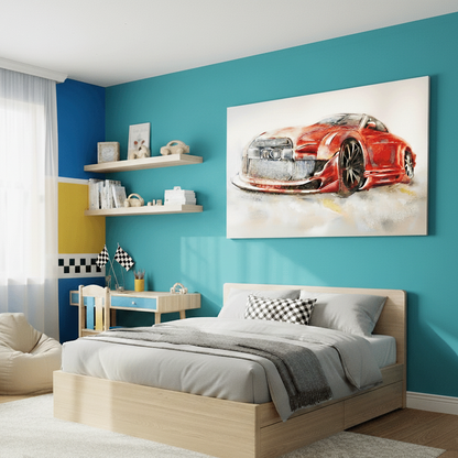 A modern bedroom featuring a large canvas print of a red sports car on a teal wall above a light wood bed. The room includes a yellow accent wall section, white bean bags, a small desk, and a window with sheer curtains.