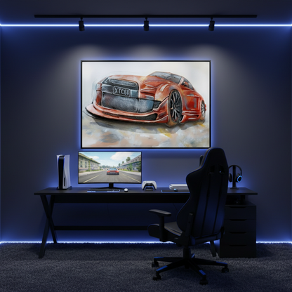 A framed watercolor-style art print of an orange sports car is displayed on a white wall in a modern living room setting above a gray media console and next to a gray armchair.