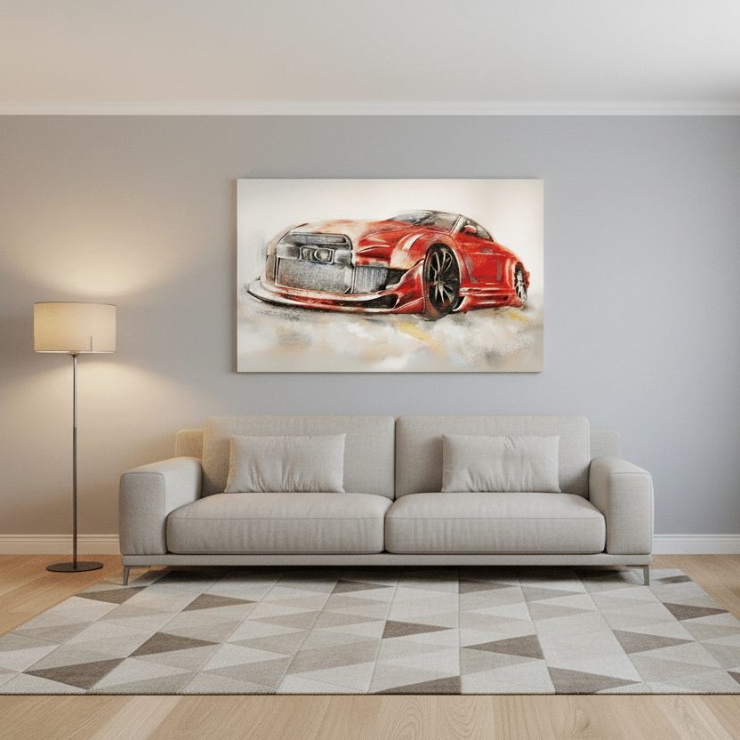 A canvas wall art print depicting a red sports car, displayed in a modern living room setting above a light gray sofa.