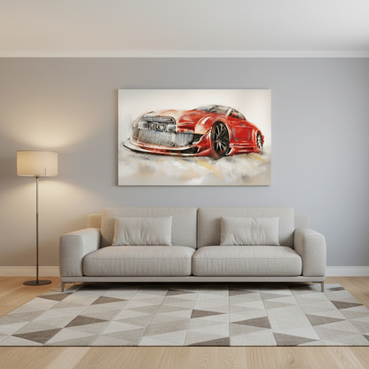 A canvas wall art print depicting a red sports car, displayed in a modern living room setting above a light gray sofa.