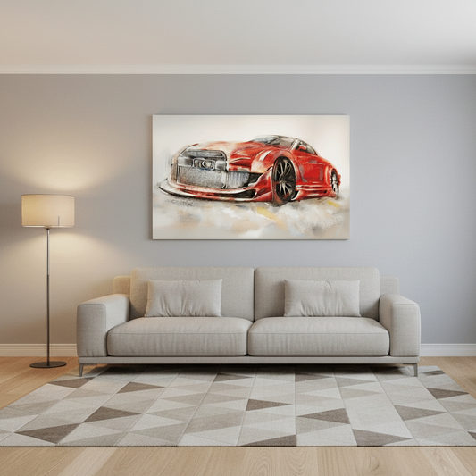A canvas wall art print depicting a red sports car, displayed in a modern living room setting above a light gray sofa.
