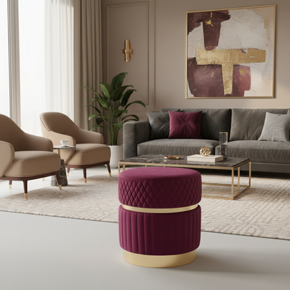 Modern living room with gray sofa, beige armchairs, and a purple ottoman.
