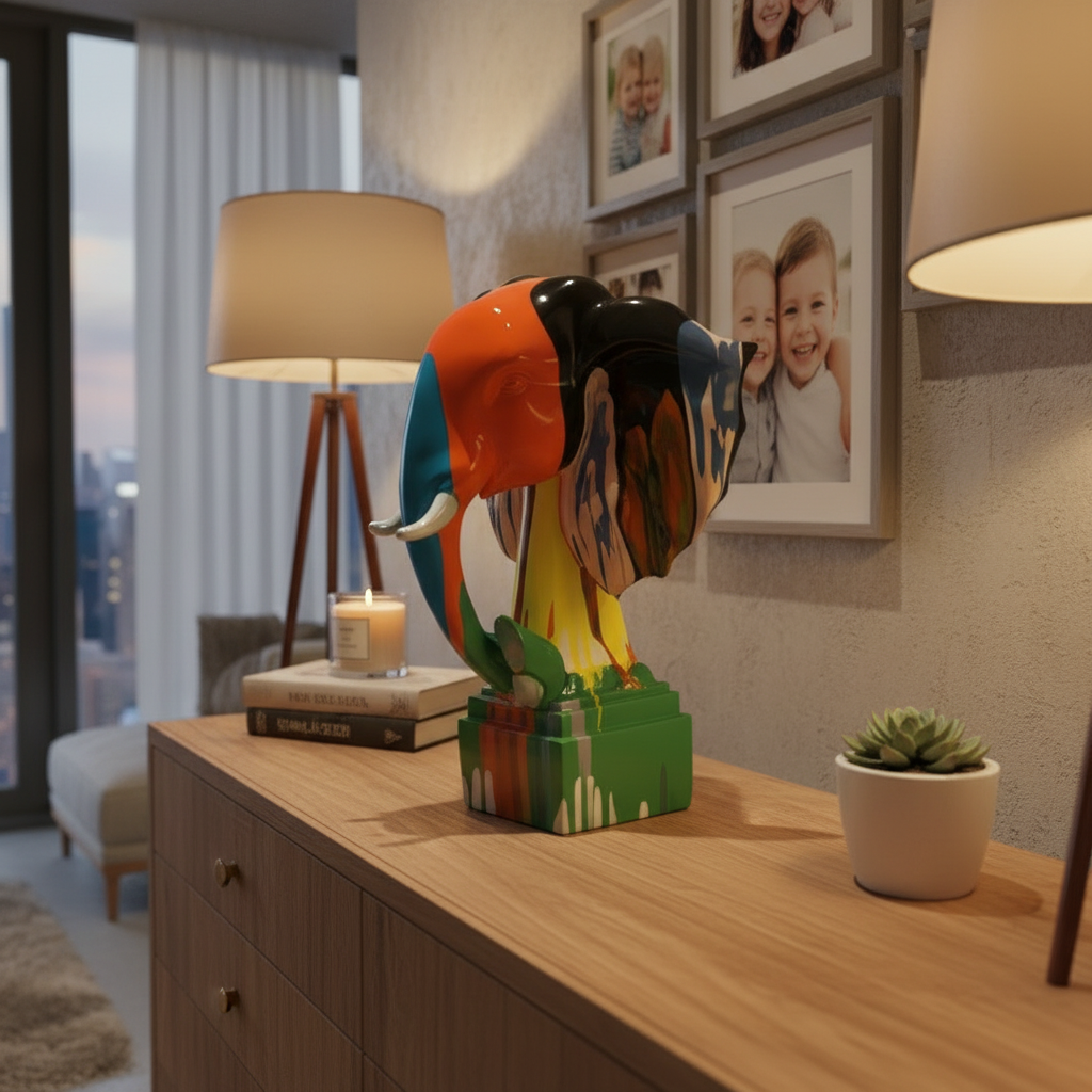 Colorful elephant sculpture on a wooden surface with a lamp and photos in the background