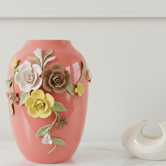 Coral-colored vase with floral decorations on a white background