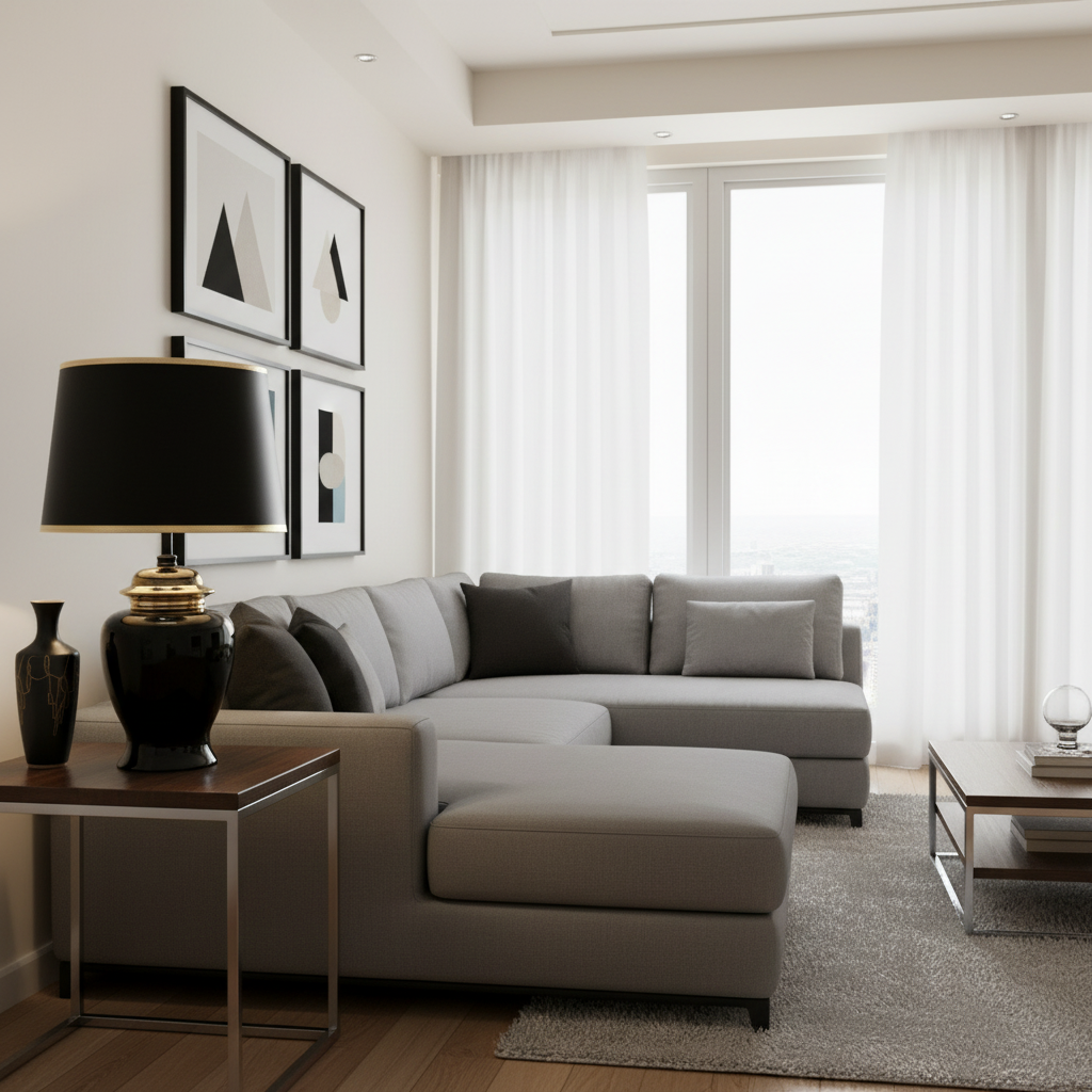 Modern living room with gray sectional sofa, side table, and lamp.
