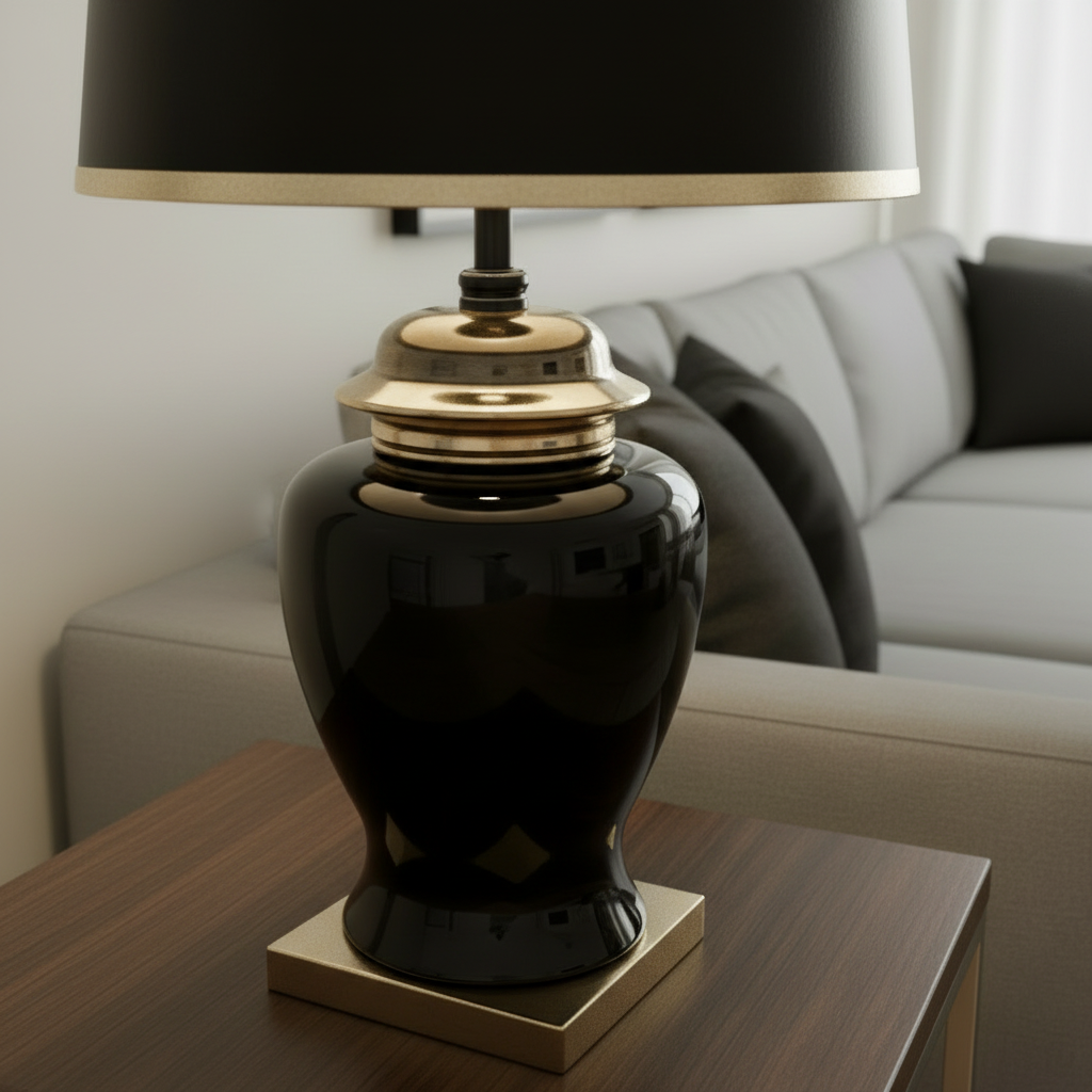 Black table lamp with gold base on a wooden side table in a living room setting.
