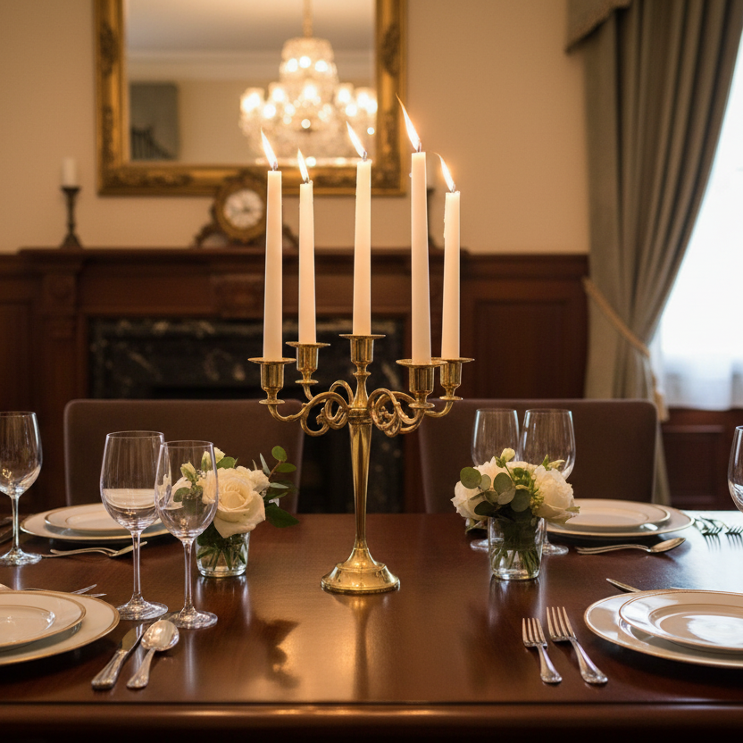 Gold candelabra with five lit candles on a marble surface and gray background