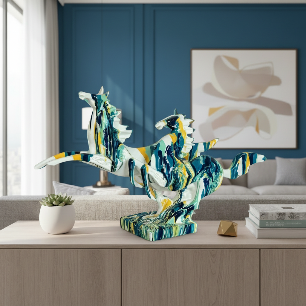 Colorful abstract sculpture on a wooden surface with a modern interior background