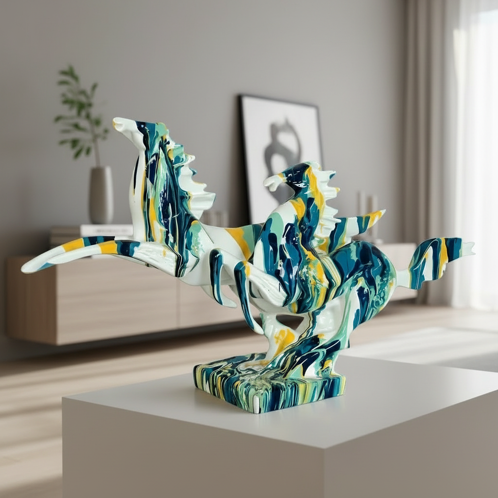 Colorful abstract sculpture on a white surface with a neutral background