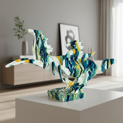 Colorful abstract sculpture on a white surface with a neutral background