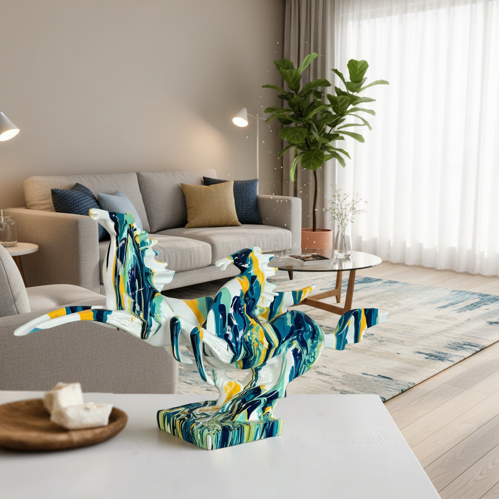 Colorful abstract sculpture on a table in a living room setting