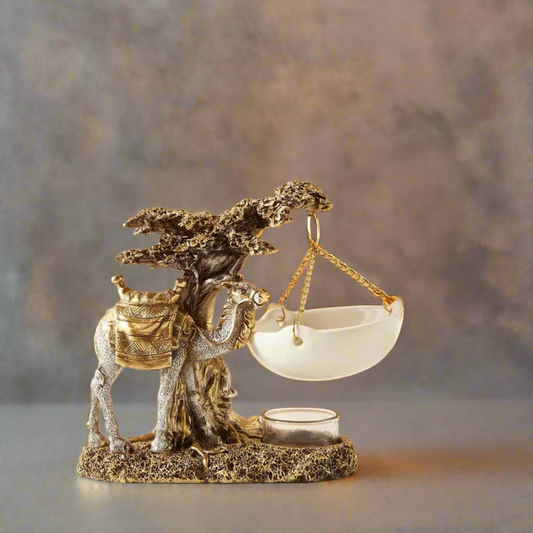 Decorative statue of a woman with a scale on a beige background