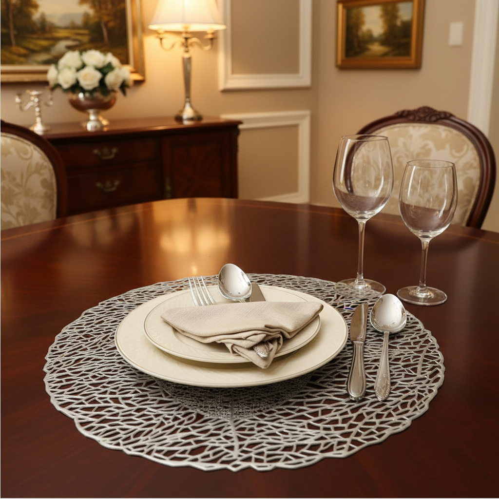 Dining table setting with plates, cutlery, and glasses on a decorative placemat.