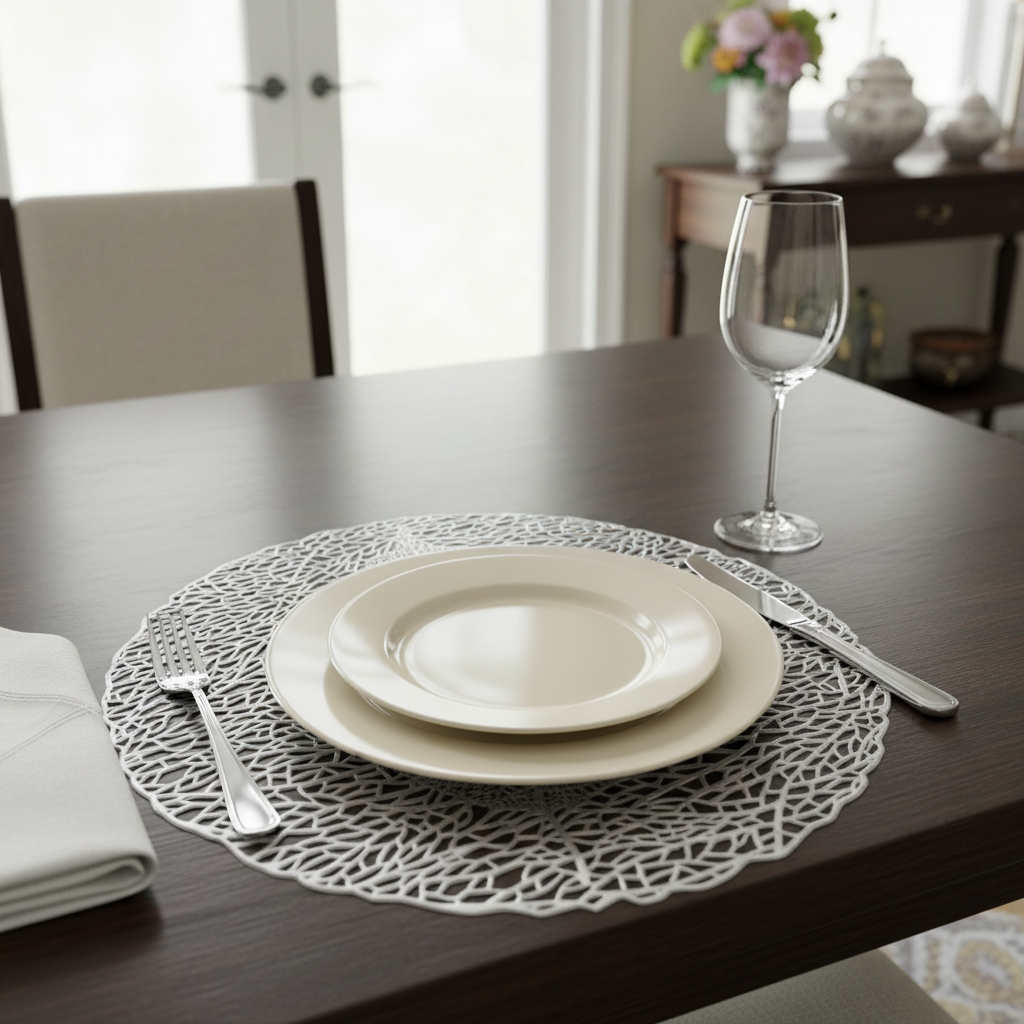Dining table setting with plates, cutlery, and a glass on a decorative placemat.