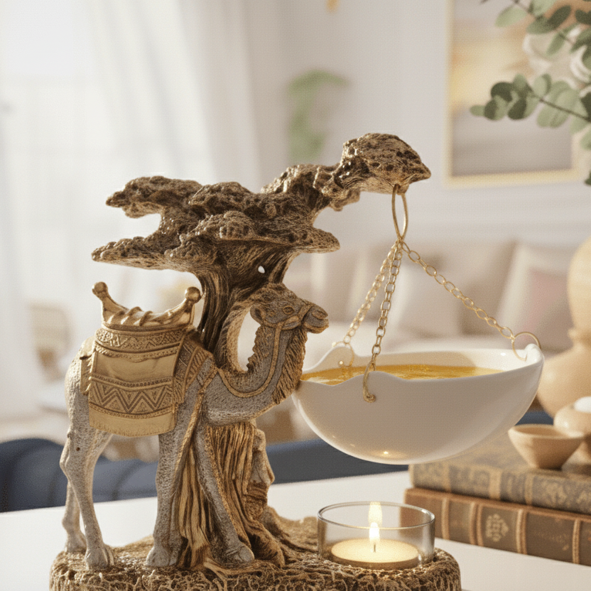 Decorative camel figurine with a bowl on a table in a home setting