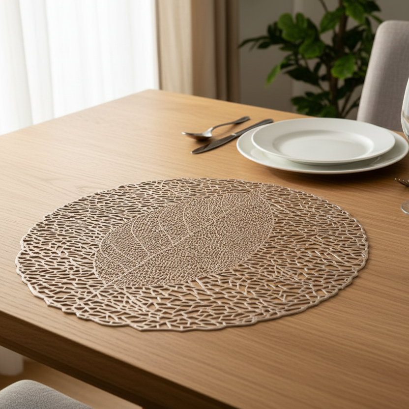 Round woven placemat on a wooden table with cutlery and plates in the background.