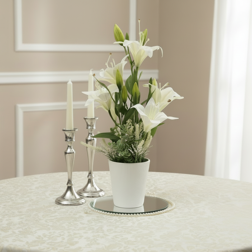 Potted plant with white flowers on a gray background