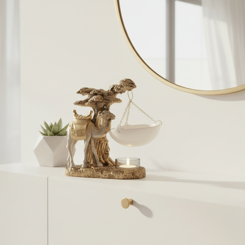 Decorative camel figurine with a scale on a white surface, with a mirror in the background.