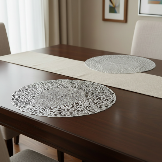 Dining table with decorative placemats in a home setting