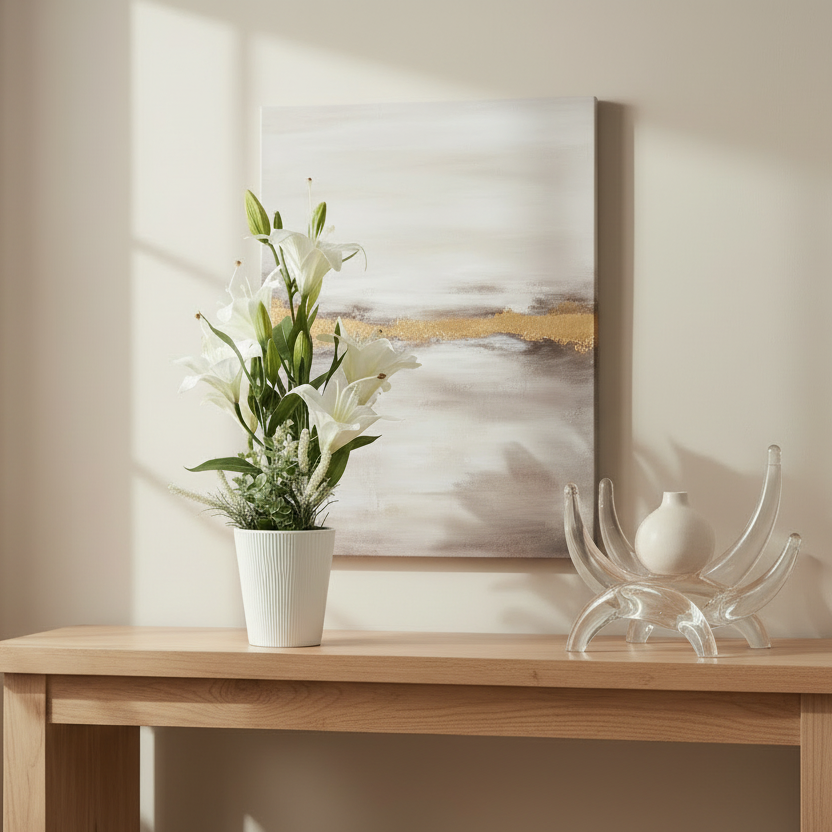 Wooden console table with a potted plant and decorative items against a wall with a painting.