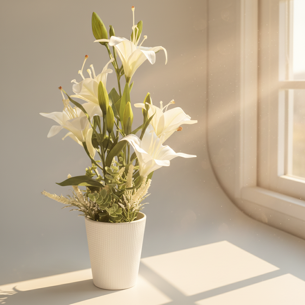 Potted plant with white flowers in a bright room
