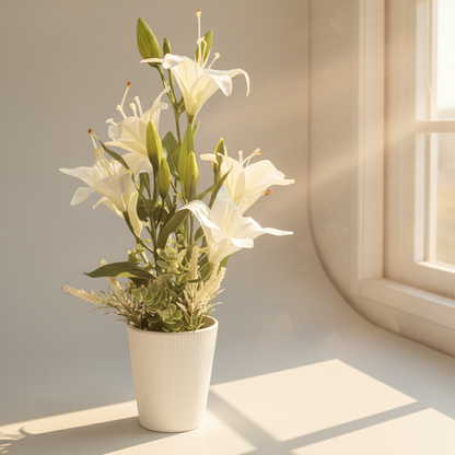 Potted plant with white flowers in a bright room