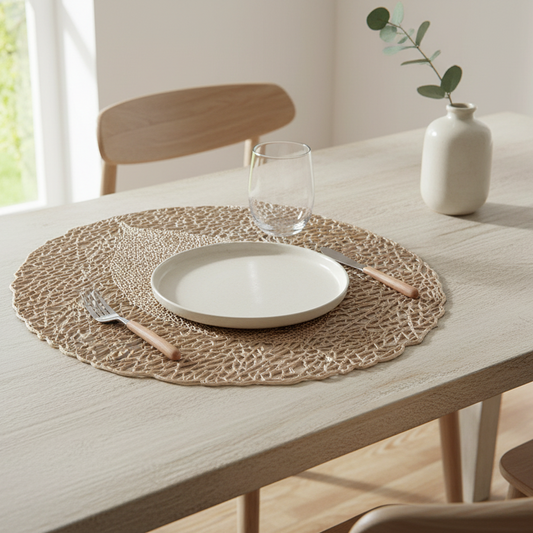 Dining table setting with a woven placemat, white plate, glass, and cutlery.