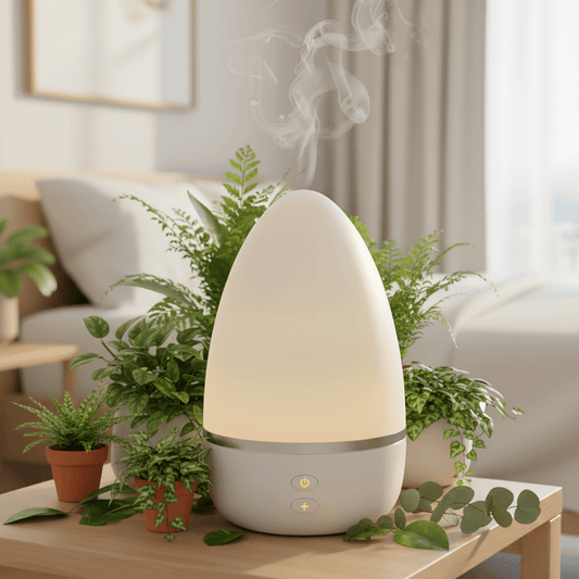 White diffuser emitting mist on a wooden table in a living room setting