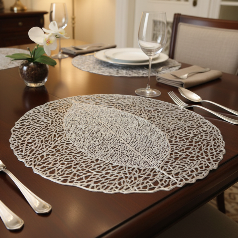 Dining table set with lace placemats, silverware, and a vase with an orchid.