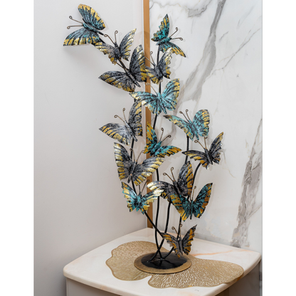 Artistic Golden Wing Butterfly Cluster Decor | Blue & Teal Metal Sculpture