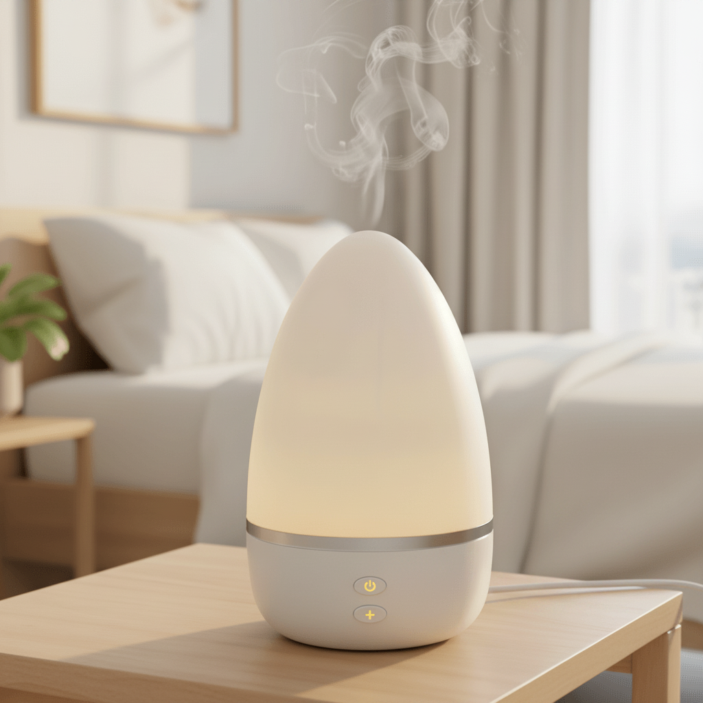 White diffuser emitting mist on a wooden table in a living room setting