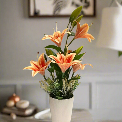 Exotic Radiance: Artificial Tiger Lily Arrangement in Ceramic Textured Pot
