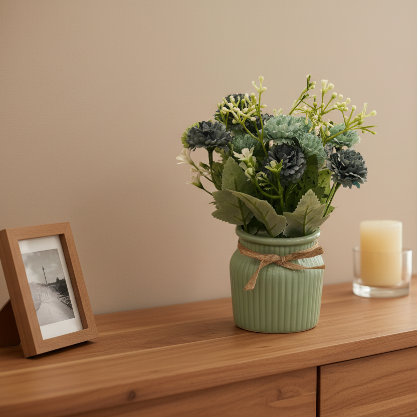 Decorative setup with a potted plant, candle, and photo frame on a wooden surface.
